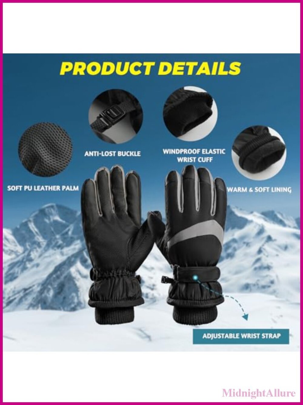 Waterproof Windproof Ski Gloves Touchscreen PU Leather Palm Wool Lined - Picture 2 of 6